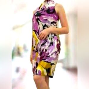 Taylor 100% Silk High-Neck Purple Floral Shift Dress | Size 12